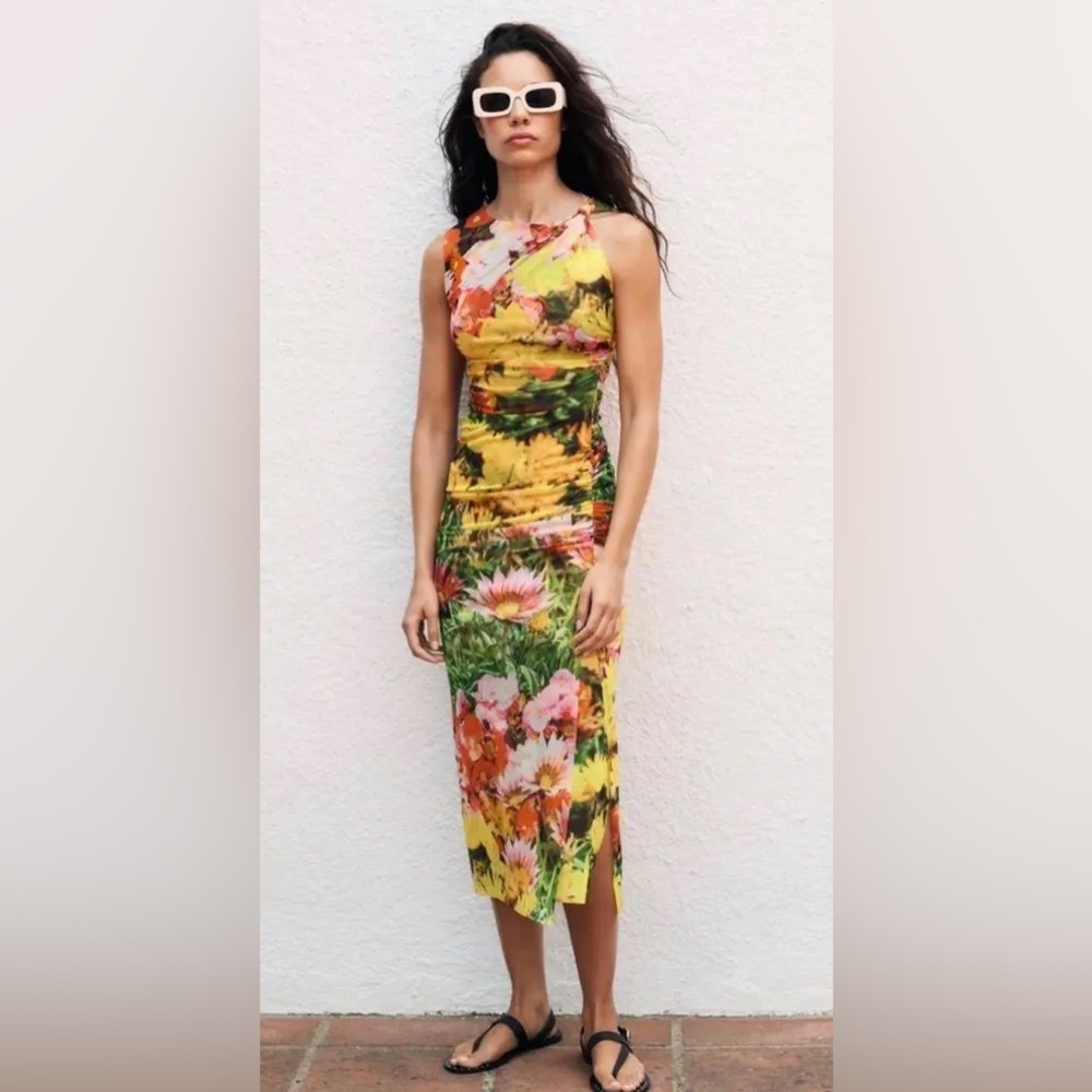 Zara Bright Floral Ruched Midi Dress Size Small